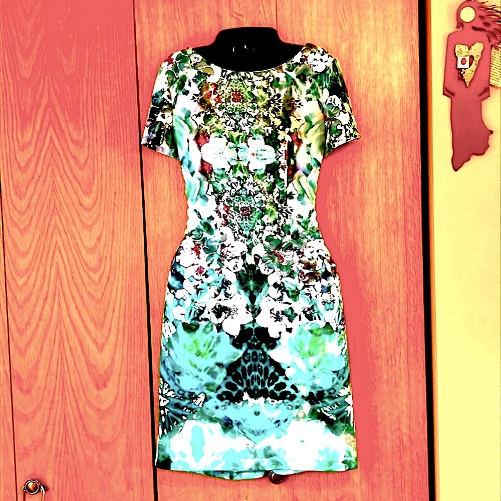 AGB Dress size 6 SCUBA orchid print mint green pastel floral zip knee length EUC